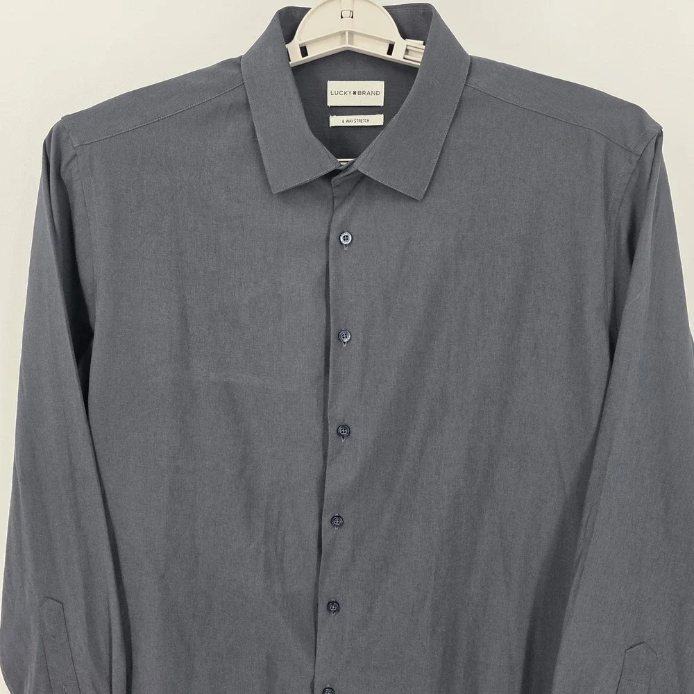Lucky Brand Men's Sz XL 17/17.5  Navy Blue Button Up Slim Fit 4 Way Stretch - Picture 2 of 9